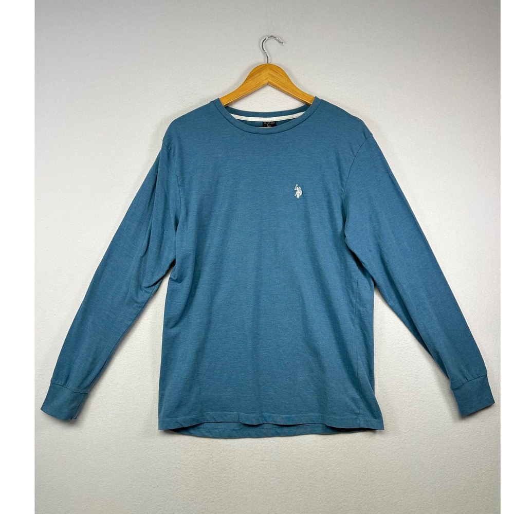 Preppy US Polo Assn Mens Large Teal Blue Long Sleeve Crewneck Logo Tee Shirt